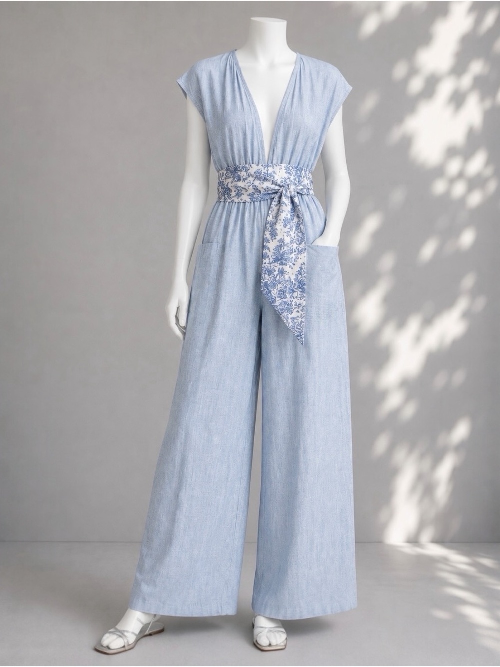 Mara Hoffman Swim Whitney Hemp Jumpsuit L Blue Stripe Wide Leg Beach Cover Up - Picture 1 of 11